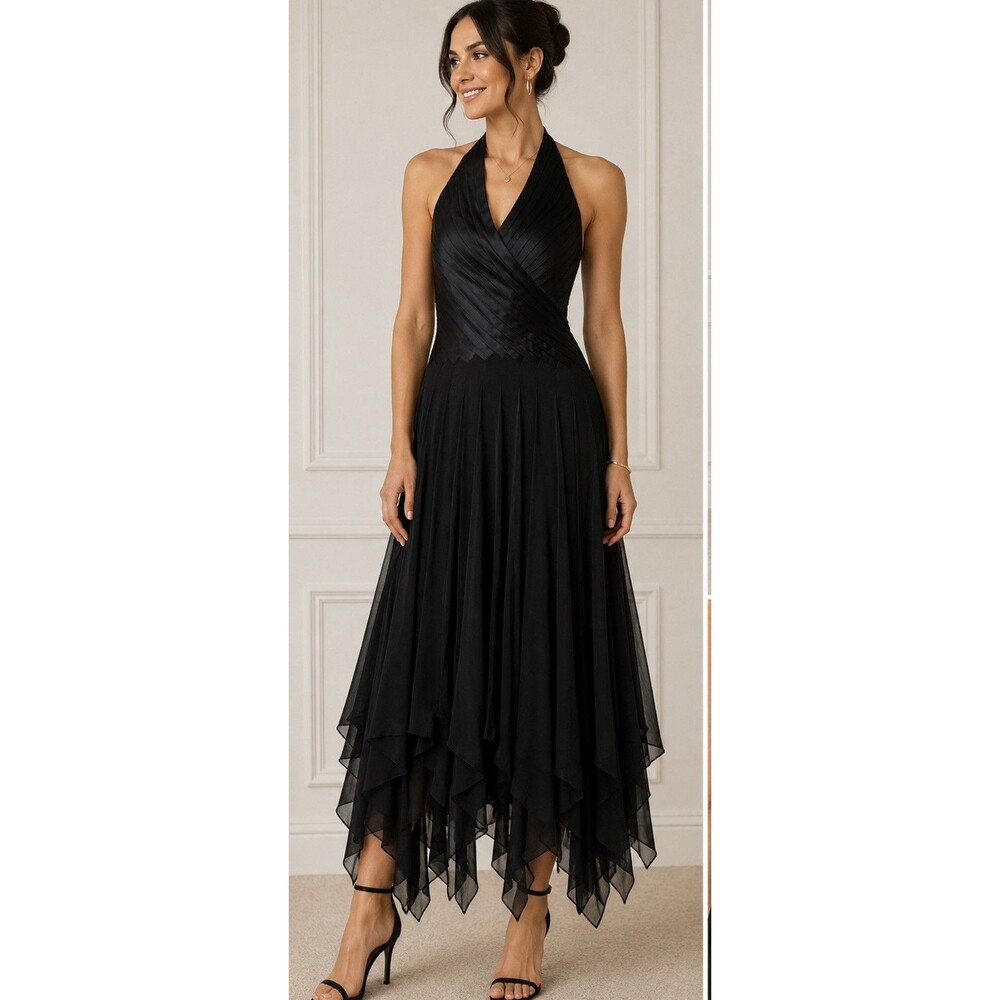 Issue Black 100% Silk Halter Pleated Chiffon Dress – Size 0 new